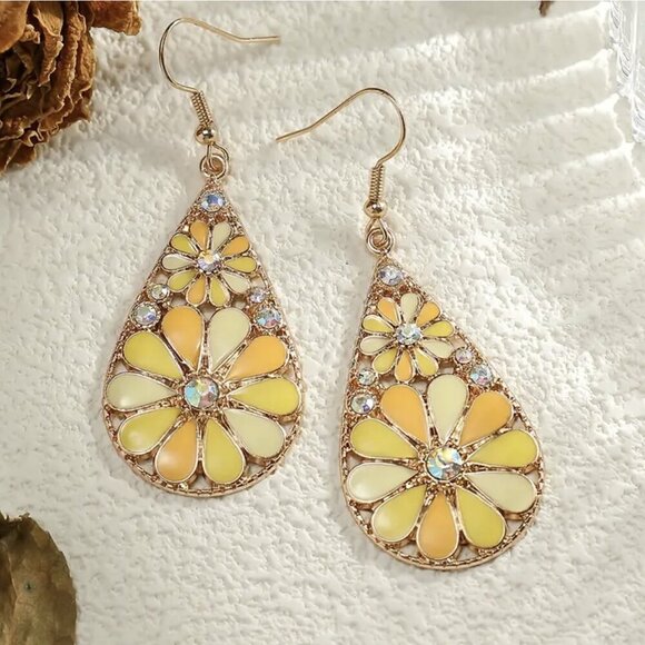Mosaic Flower Dangle Earrings Boho Glass Rhinestone Floral Statement NWT - Picture 8 of 8